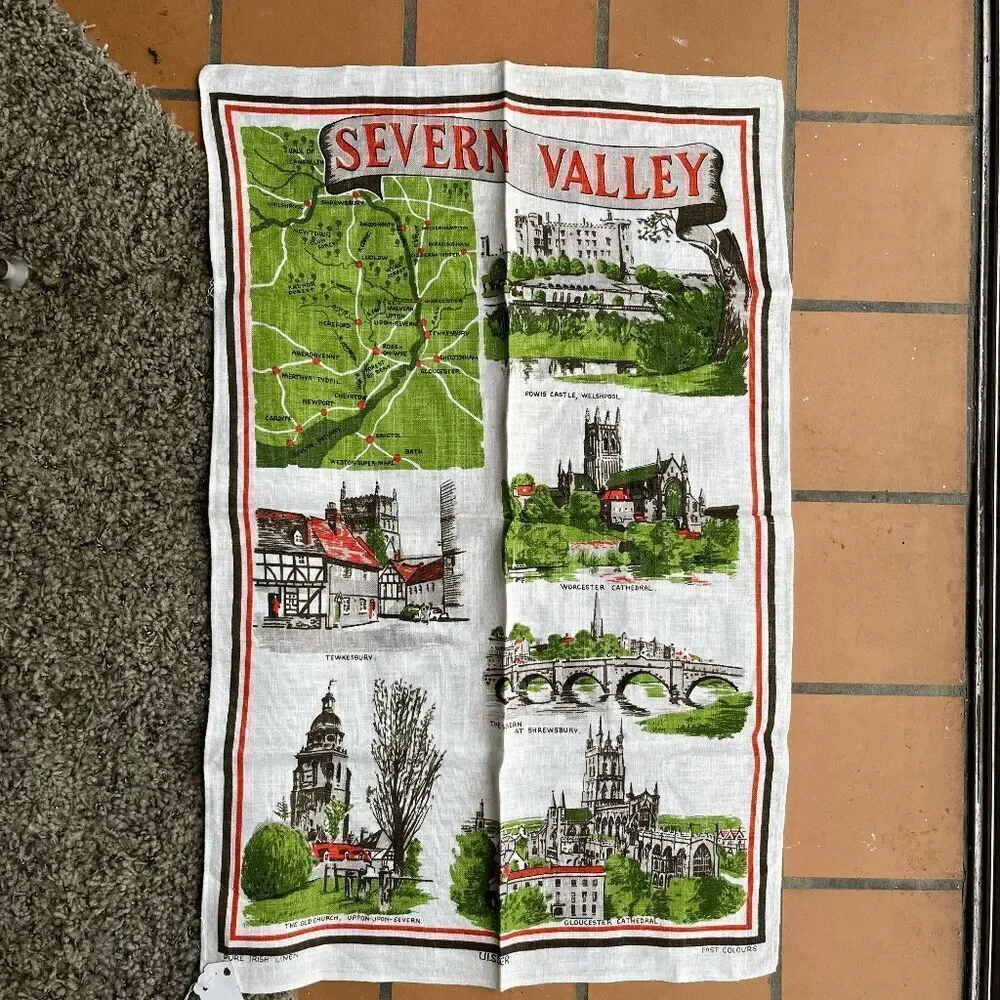 VTG Ulster Linen Tea Towel Severn Valley Map & Landmarks England 20x30